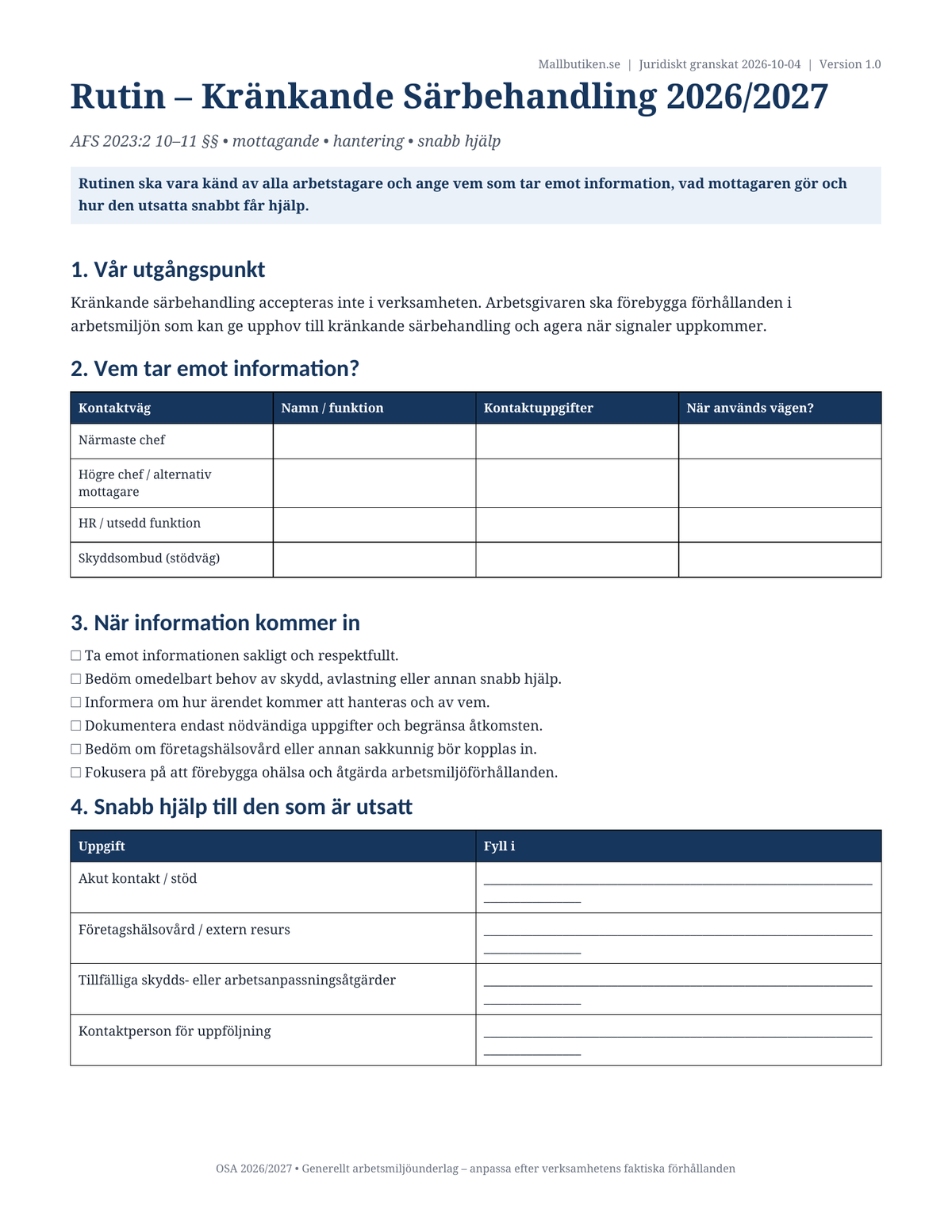 Rutin kränkande särbehandling 2026/2027 AFS 2023:2 Word PDF