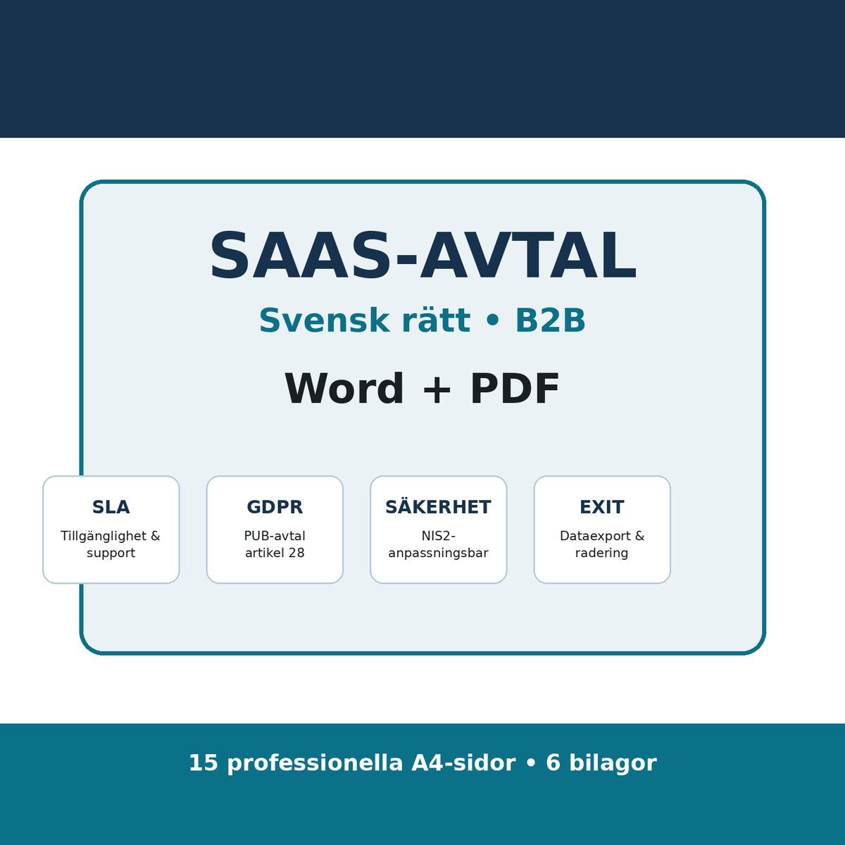 SaaS-avtal enligt svensk rätt 2026 i Word och PDF för B2B molntjänster