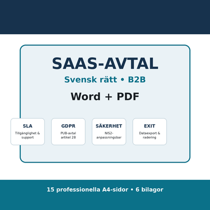 SaaS-avtal enligt svensk rätt 2026 i Word och PDF för B2B molntjänster