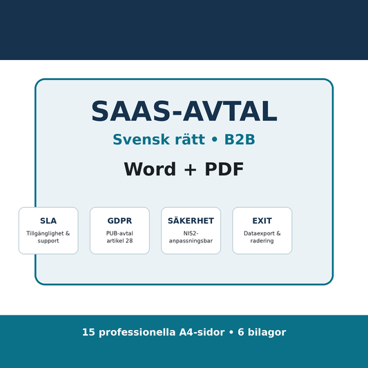 SaaS-avtal enligt svensk rätt 2026 i Word och PDF för B2B molntjänster