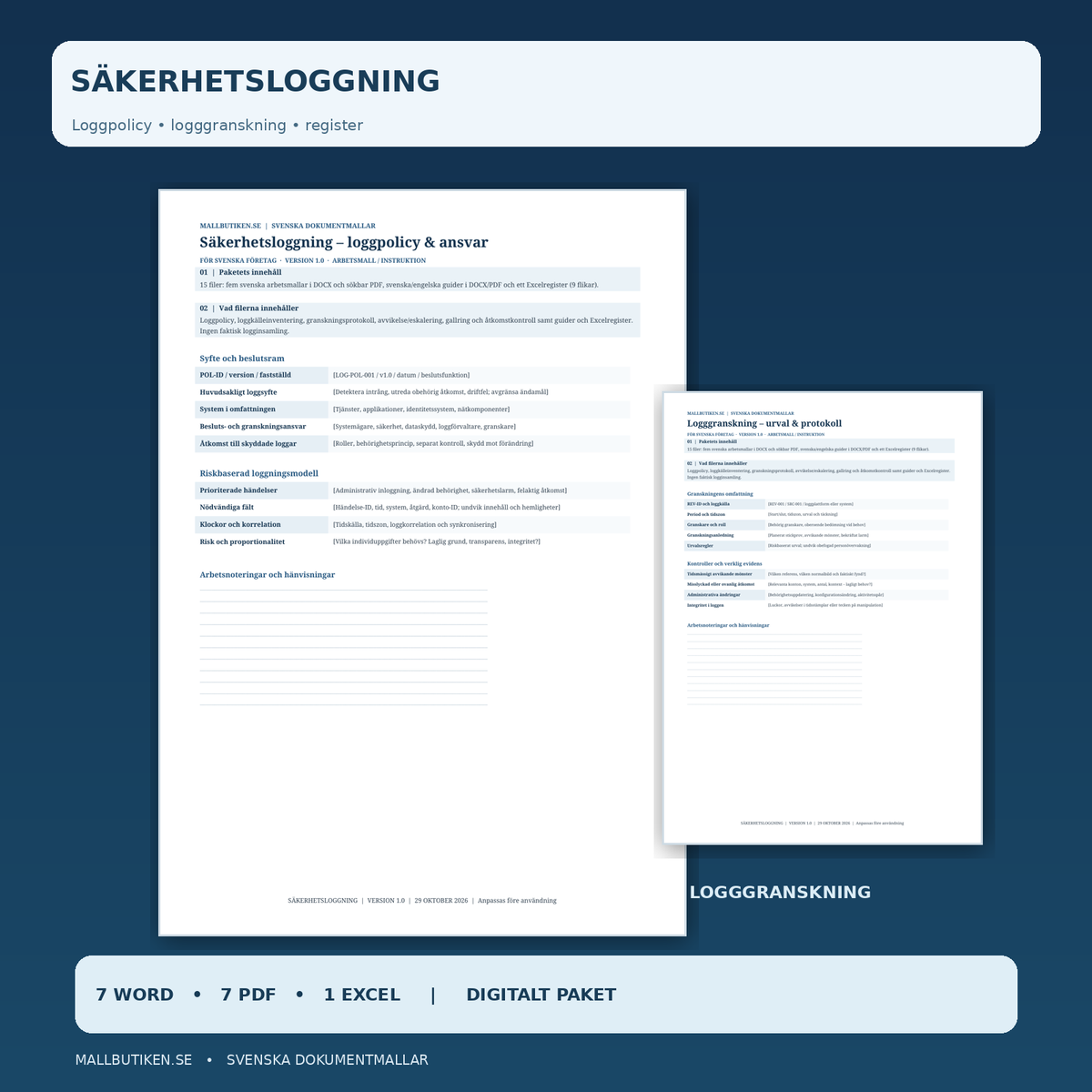 Säkerhetsloggning och logggranskning – huvudbild med riktiga Word och PDF dokument