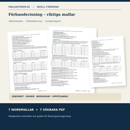 Förhandsvisning säkerhetsplan, riskbedömning och incidentrapport i Word och PDF