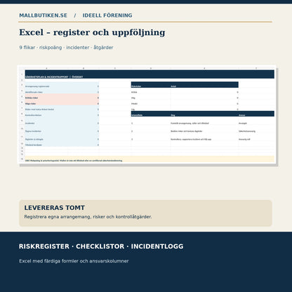 Excel med säkerhetsriskregister, riskpoäng, kontrollpunkter och incidentlogg