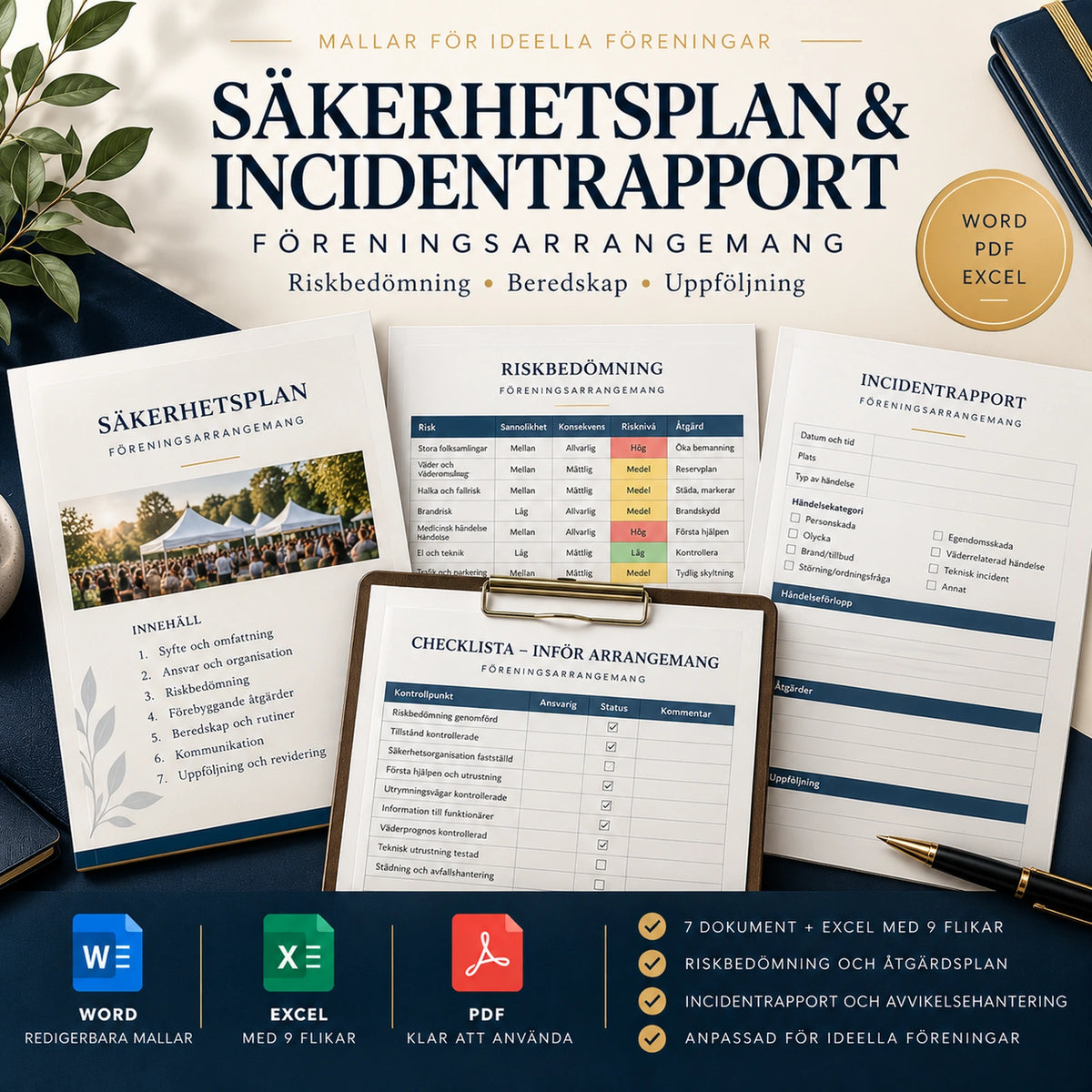 Säkerhetsplan och incidentrapport för ideella föreningars arrangemang – Word, PDF och Excel