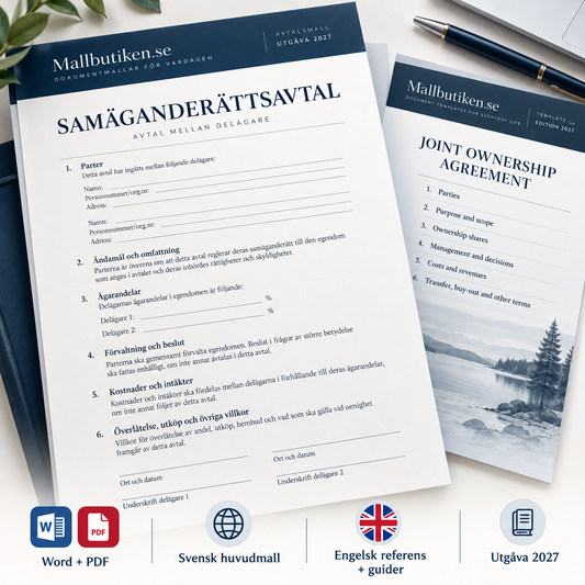 Samäganderättsavtal svensk huvudmall Word PDF med engelsk referens och guider 2027