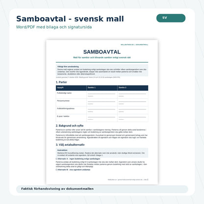 Förhandsvisning av svensk samboavtalsmall