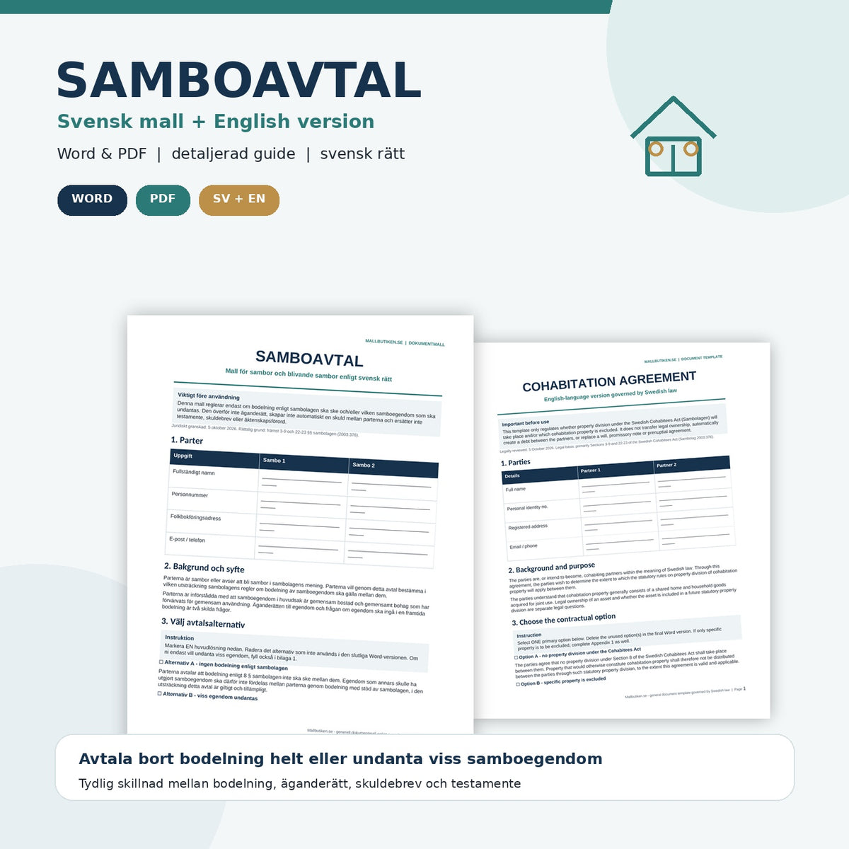 Samboavtal mall i Word och PDF med svensk och engelsk version