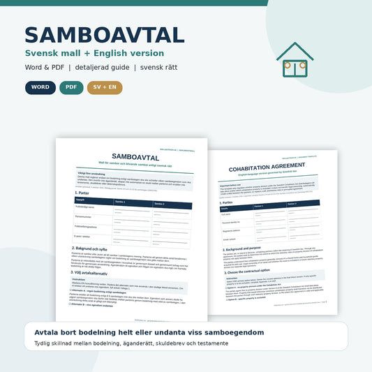 Samboavtal mall i Word och PDF med svensk och engelsk version