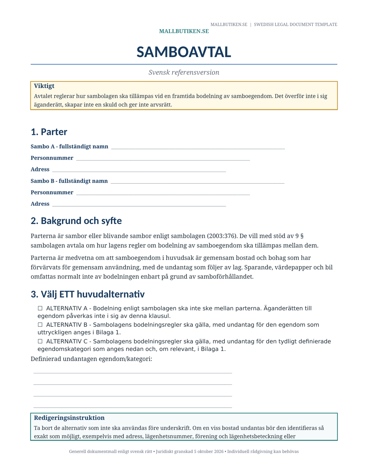 Swedish reference preview for Cohabitation Agreement under Swedish law