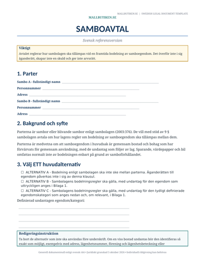 Swedish reference preview for Cohabitation Agreement under Swedish law