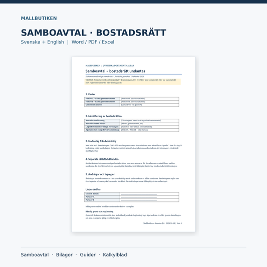 Samboavtal bostadsrätt – svenska och engelska Word-/PDF-mallar, guider och Excel med faktisk dokumentförhandsvisning