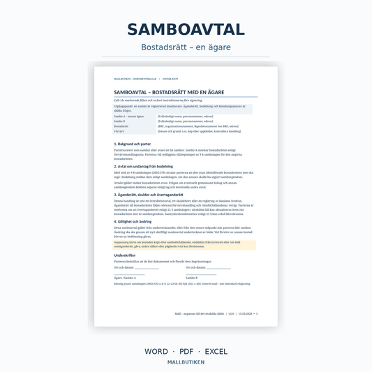 Samboavtal bostadsrätt med en ägare – svenska och engelska mallar i Word PDF Excel med guider