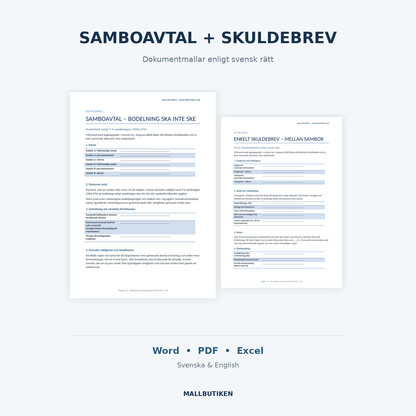 Samboavtal och skuldebrev mall – verkliga dokument i svenska och engelska versioner, Word PDF Excel