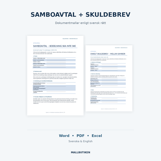 Samboavtal och skuldebrev mall – verkliga dokument i svenska och engelska versioner, Word PDF Excel