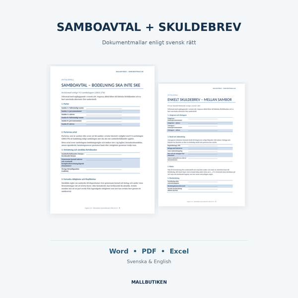 Samboavtal och skuldebrev mall – verkliga dokument i svenska och engelska versioner, Word PDF Excel