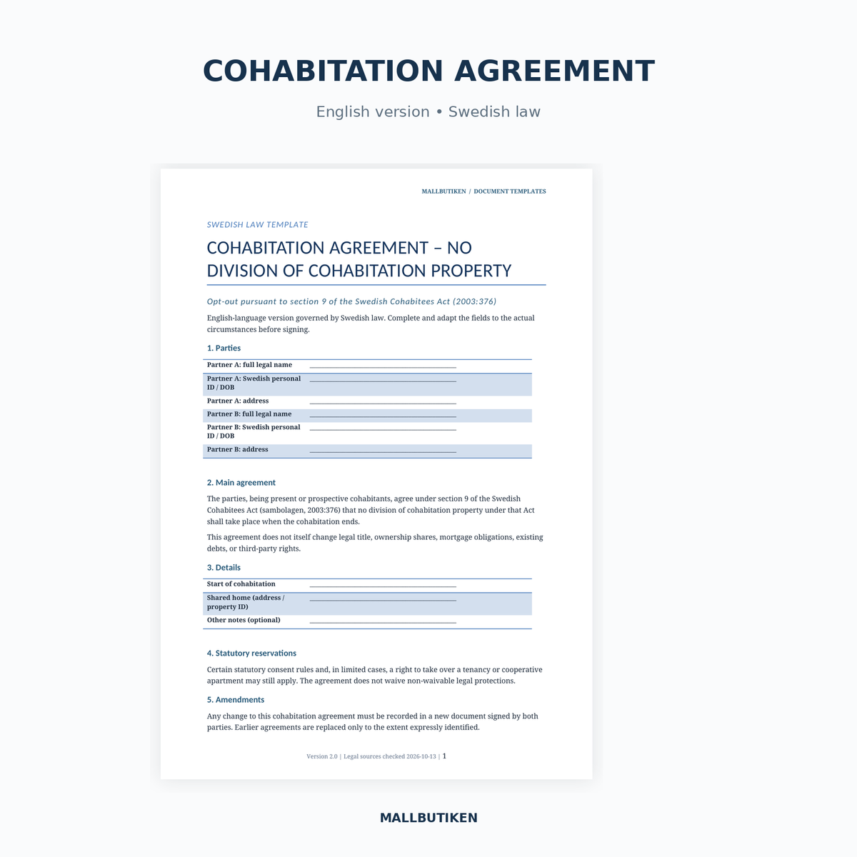 English Cohabitation Agreement preview governed by Swedish law