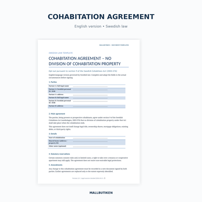 English Cohabitation Agreement preview governed by Swedish law