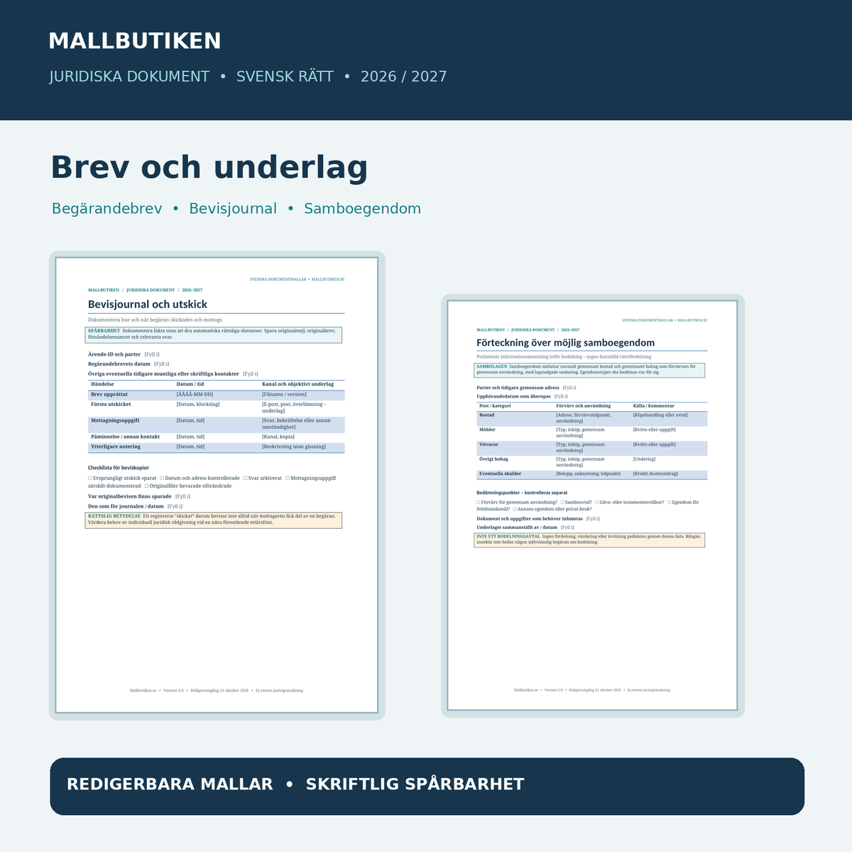 Dokumentutdrag bevisjournal och preliminär förteckning över samboegendom, svensk begäran om bodelning