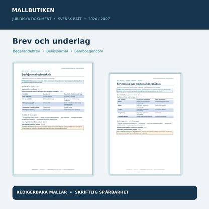 Dokumentutdrag bevisjournal och preliminär förteckning över samboegendom, svensk begäran om bodelning