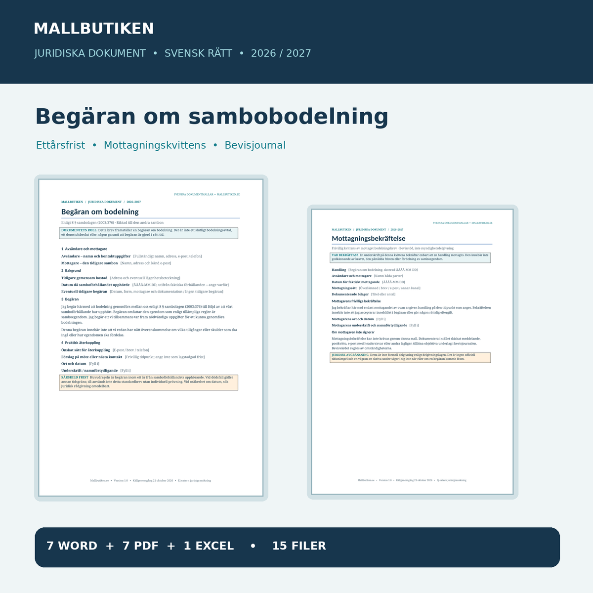 Begäran om sambobodelning – verkligt brev och frivillig mottagningsbekräftelse i Word och PDF samt Excelregister