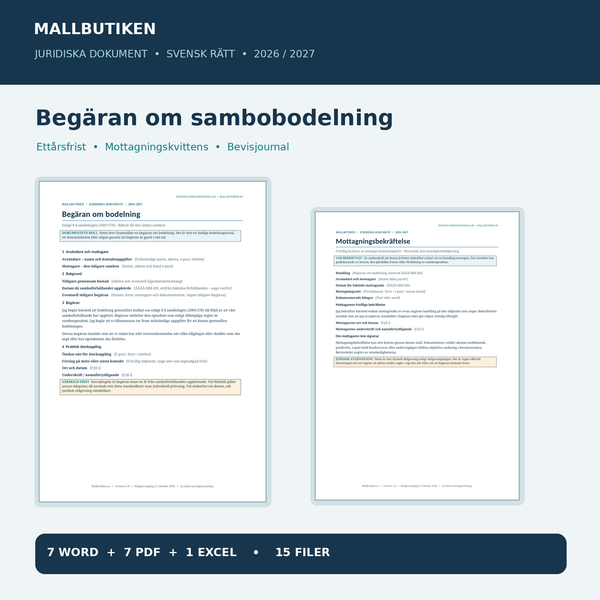 Begäran om sambobodelning – verkligt brev och frivillig mottagningsbekräftelse i Word och PDF samt Excelregister