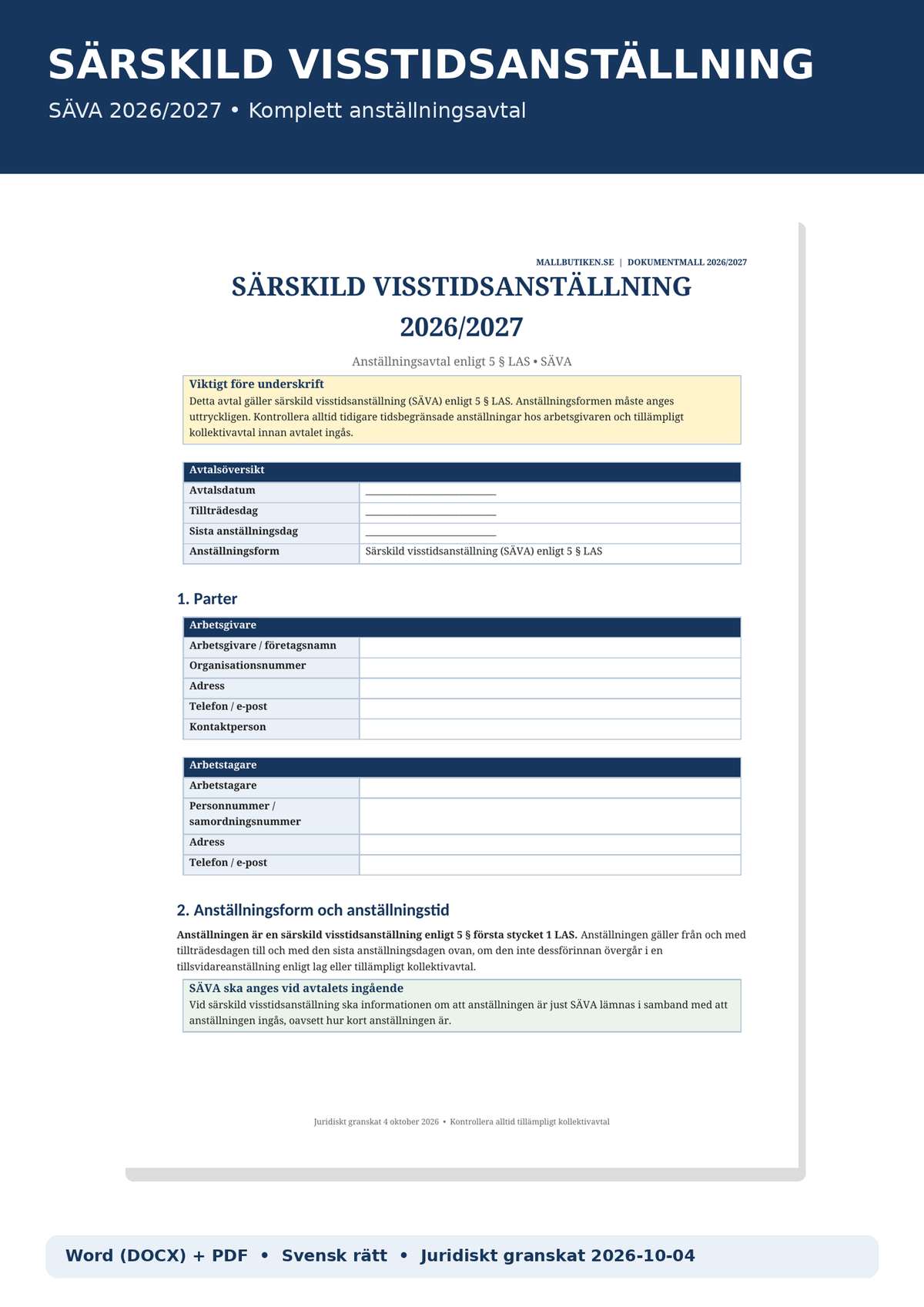 Särskild visstidsanställning SÄVA 2026/2027 Word PDF enligt LAS