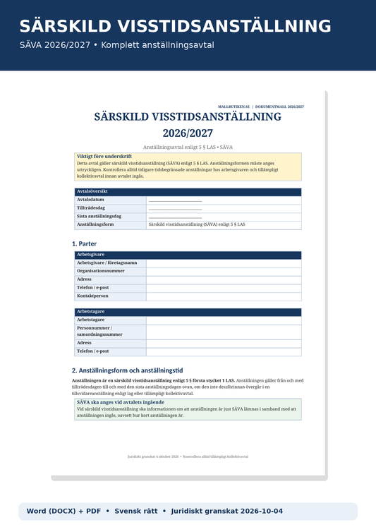 Särskild visstidsanställning SÄVA 2026/2027 Word PDF enligt LAS