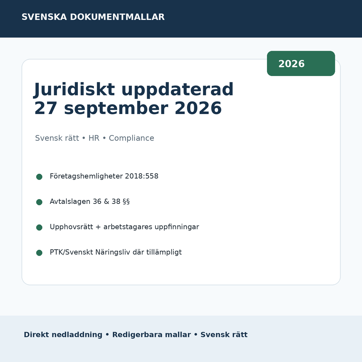 Juridiskt uppdaterad sekretess konkurrens IP anställd 2026 svensk rätt