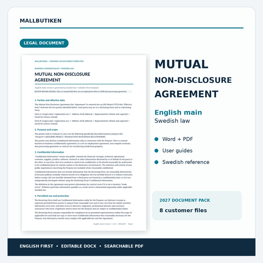 Mutual Non-Disclosure Agreement under Swedish law – English Word and PDF template