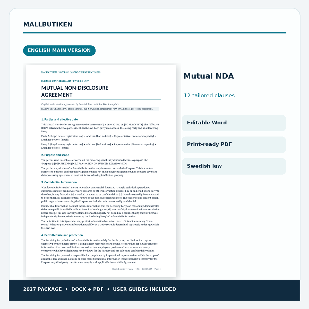 English main version preview of mutual NDA confidentiality agreement