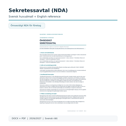 Sekretessavtal NDA enligt svensk rätt – svensk Word- och PDF-mall med guide