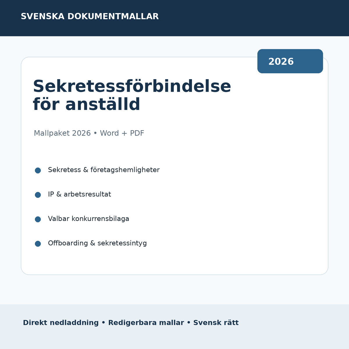 Sekretessförbindelse för anställd mallpaket 2026 Word PDF