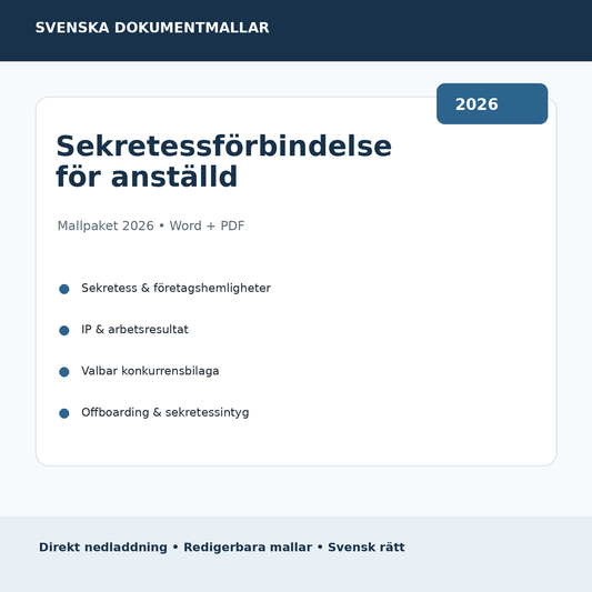 Sekretessförbindelse för anställd mallpaket 2026 Word PDF