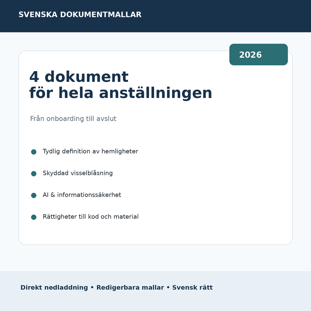 Innehåll i sekretessförbindelse anställd 2026 med IP konkurrens och offboarding