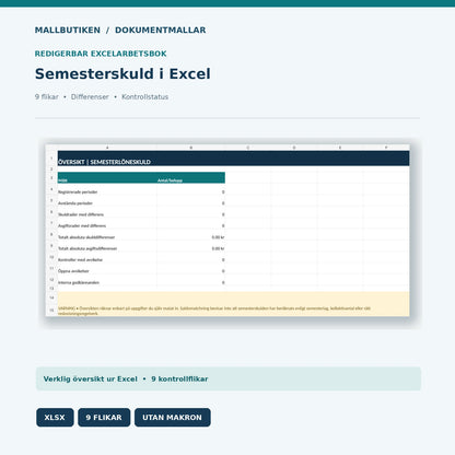 Excel semesterskuldavstämning nio flikar för saldon differenser och attest
