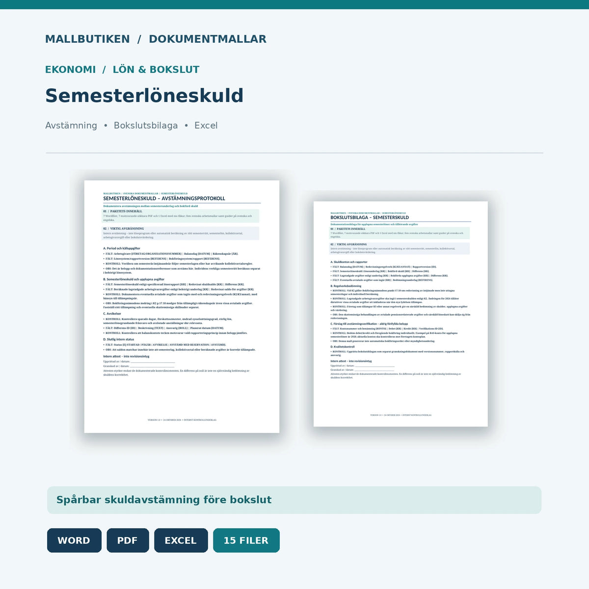 Semesterlöneskuld och semesterskuldavstämning Word PDF Excel – 15 filer