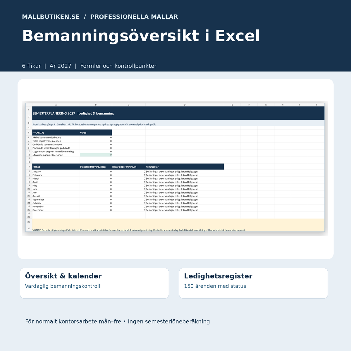 Excelmodell för semesterplanering, semesterlista och daglig bemanning 2027