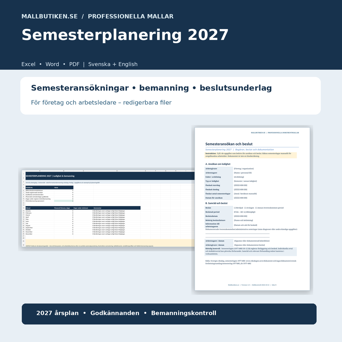 Semesterplanering och bemanningsöversikt 2027 med Excel, Word och PDF