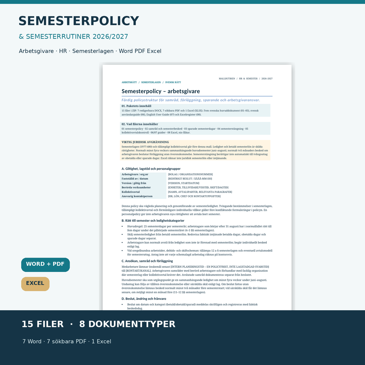 Semesterpolicy för arbetsgivare 2026/2027 med verklig dokumentförhandsvisning Word PDF Excel