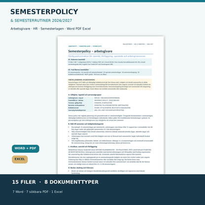 Semesterpolicy för arbetsgivare 2026/2027 med verklig dokumentförhandsvisning Word PDF Excel