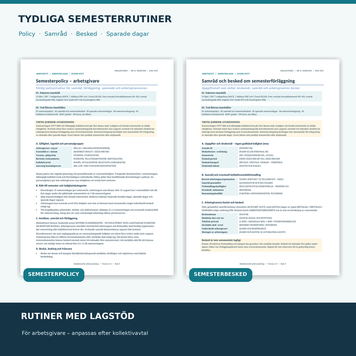 Svensk semesterpolicy och semesterbesked, skötsel av sparade dagar och semesterrutiner i Word PDF