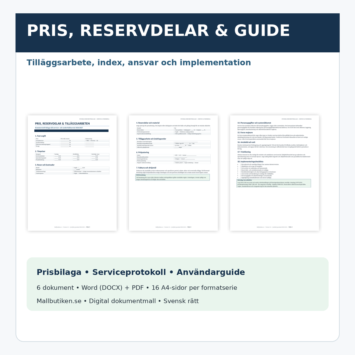 Serviceavtal pris reservdelar tilläggsarbete och användarguide 2026/2027