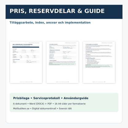 Serviceavtal pris reservdelar tilläggsarbete och användarguide 2026/2027