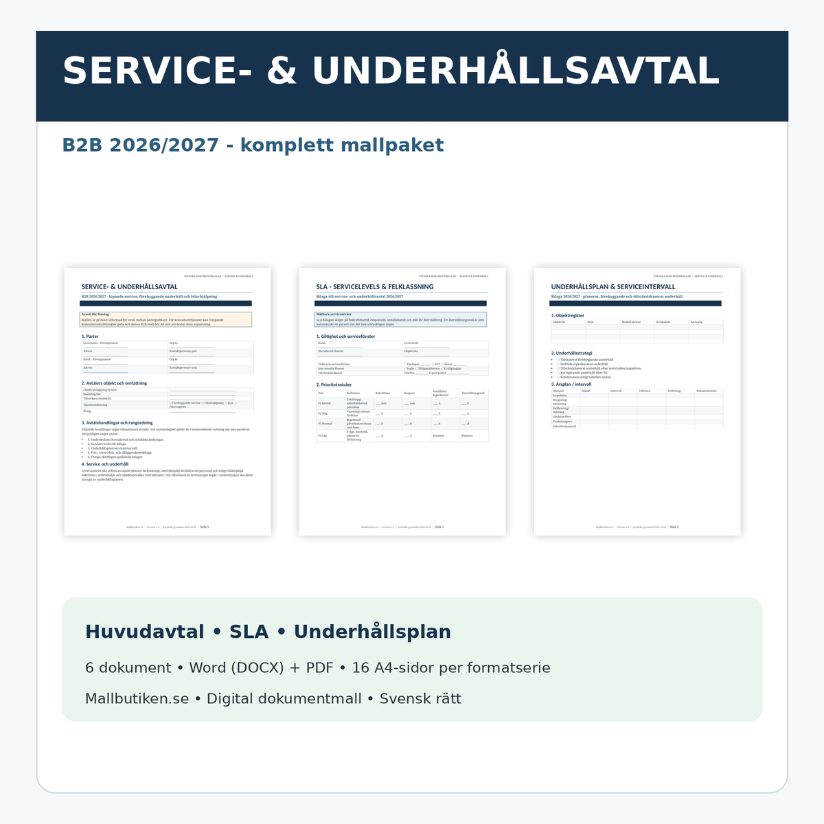 Serviceavtal och underhållsavtal B2B 2026/2027 – Word PDF mallpaket