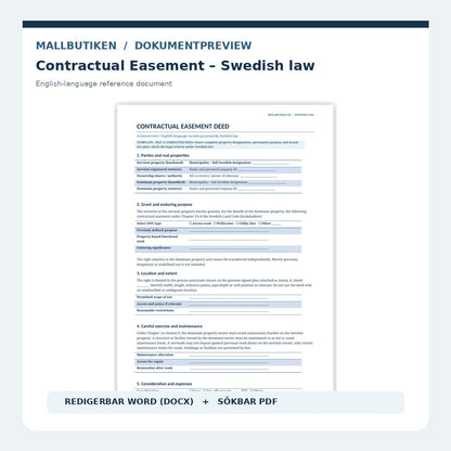 English preview contractual easement under Swedish law in Word and PDF