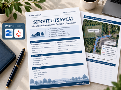 Servitutsavtal och avtalsservitut Word/PDF – väg, brunn och ledning enligt svensk rätt