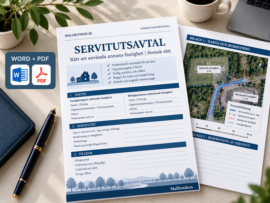 Servitutsavtal och avtalsservitut Word/PDF – väg, brunn och ledning enligt svensk rätt