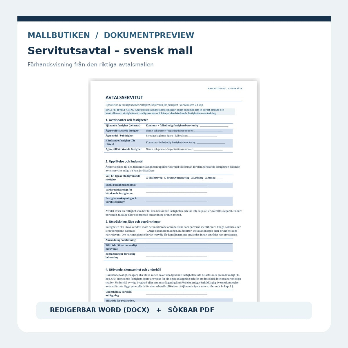 Svensk dokumentpreview från servitutsavtalet i Word och PDF
