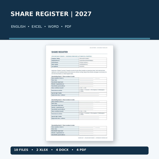 Share Register Sweden English main template 2027 with Excel Word PDF and Swedish references
