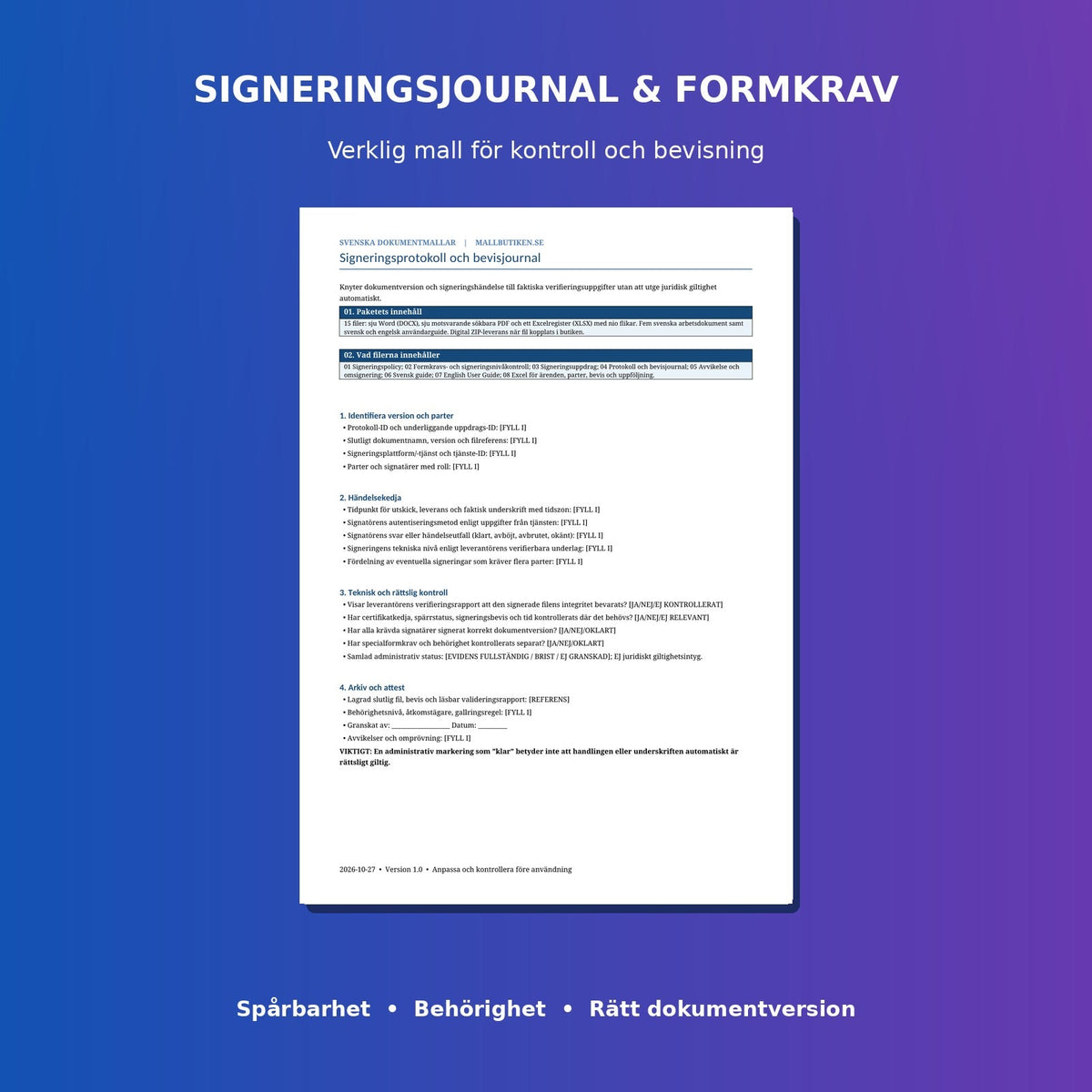 Signeringsjournal och formkravsprotokoll – verklig förhandsvisning i Word och PDF